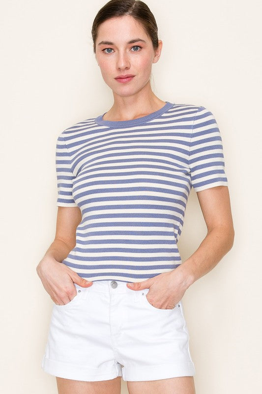 Short Sleeve Stripe Print Sweater Top Blue