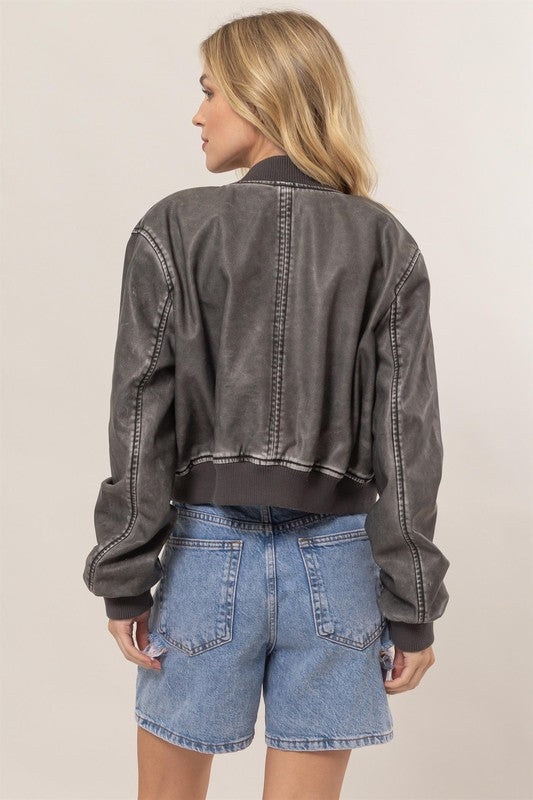 Long Sleeve Vegan Leather Bomber Jacket Black