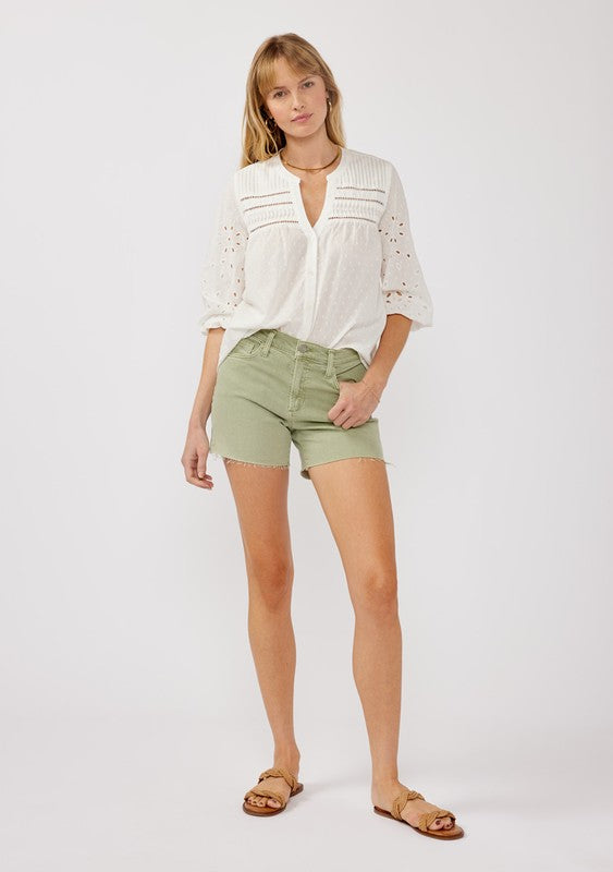 3/4 Sleeve Eyelet Button Down Top White