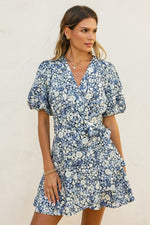  Short Puff Sleeve Floral Print Wrap Mini Dress Navy