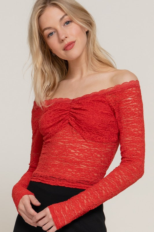  Long Sleeve Off The Shoulder Lace Top Red