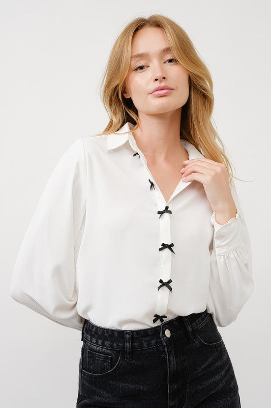 Long Sleeve Bow Button Down Top White