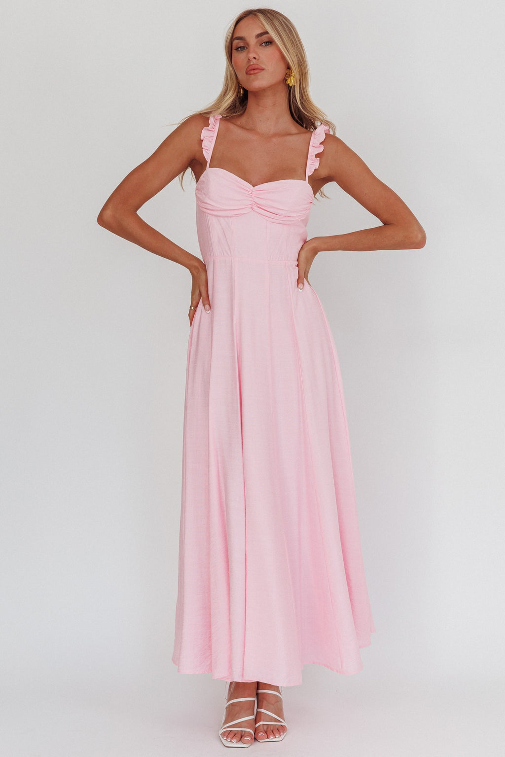 Sleeveless Ruffle Shoulder Maxi Dress Pink