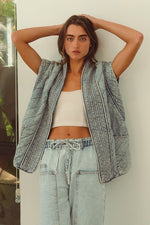 Sleeveless Oversized Open Front Quilted Denim Vest Blue