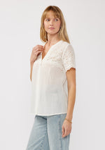 Short Sleeve Floral Eyelet Print Button Down Top White