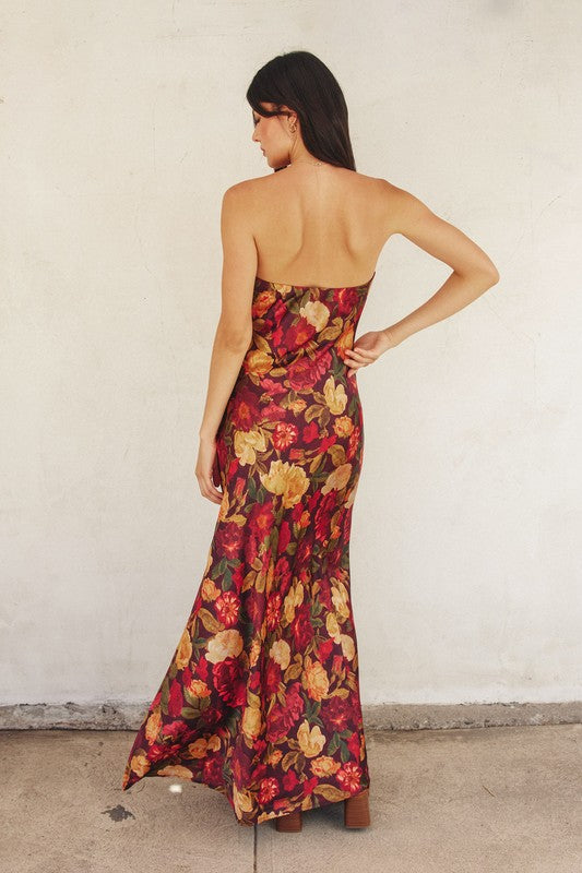 Sleeveless Floral Print Maxi Dress Burgundy