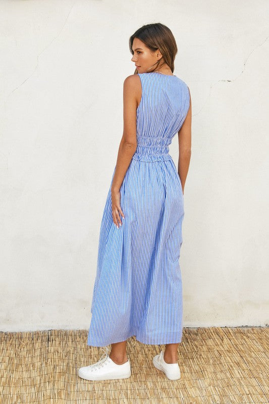 Sleeveless Stripe Print Shirred Waist Midi Dress Blue