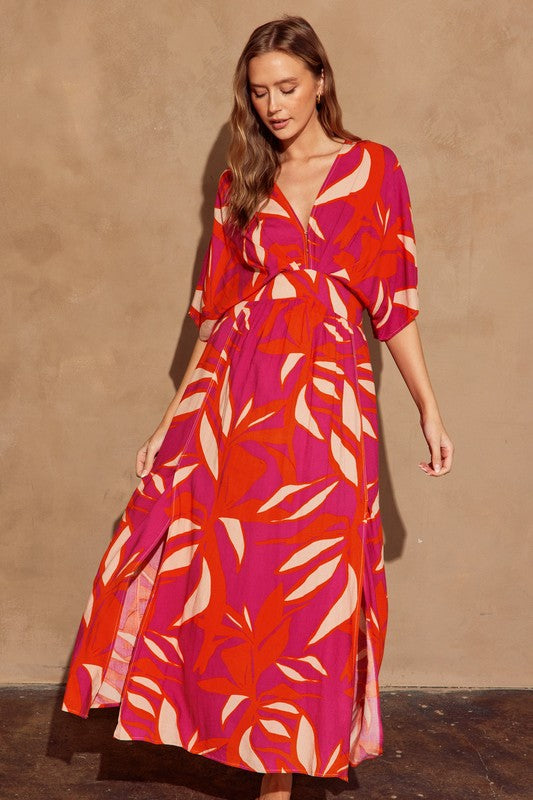 Kimono Sleeve Tropical Print Maxi Dress Pink