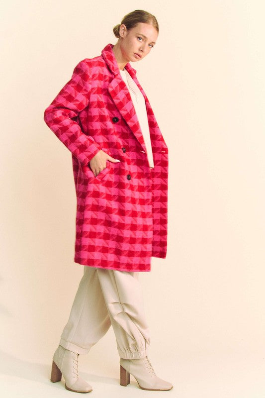  Long Sleeve Plaid Print Tweed Coat Pink