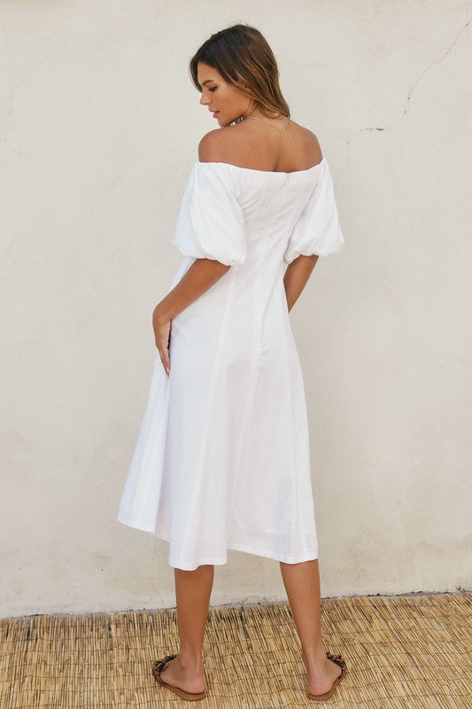 Off The Shoulder Puff Sleeve Linen Midi Dress White