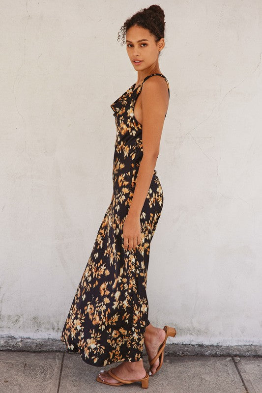 Sleeveless Cowl Neck Twisted Back Floral Print Maxi Dress Black