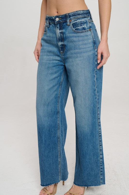 Mid Rise Raw Hem Wide Leg Jeans Medium Wash