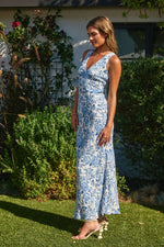 Sleeveless Floral Print Maxi Dress Blue