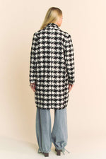 Long Sleeve Houndstooth Print Tweed Coat Black