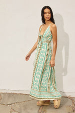 Sleeveless Back Tie Abstract Print Maxi Dress Green