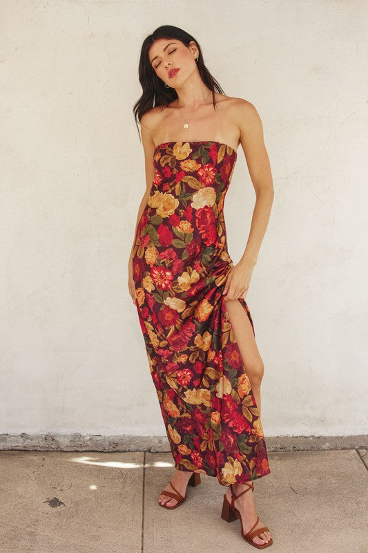 Sleeveless Floral Print Maxi Dress Burgundy