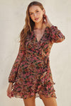 Long Sleeve Floral Print Wrap Mini Dress Rose