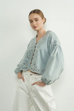 Long Ballon Sleeve Button Down Embroidered Denim Top Light Wash