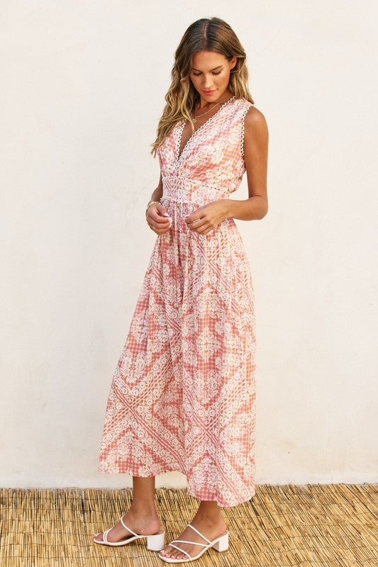 Sleeveless Paisley Print Scalloped Midi Dress Pink