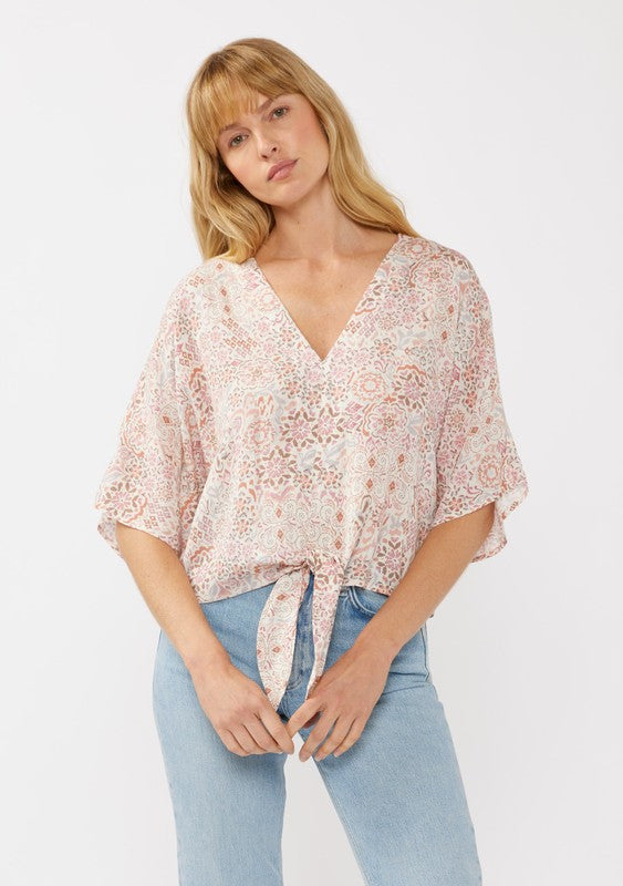 Short Kimono Sleeve Front Tie Floral Print Top Blush