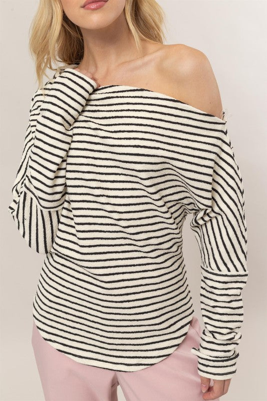 Long Sleeve One Shoulder Striped Sweater Top Cream