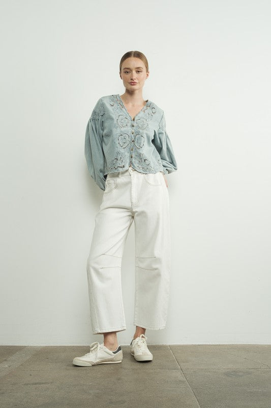 Long Ballon Sleeve Button Down Embroidered Denim Top Light Wash