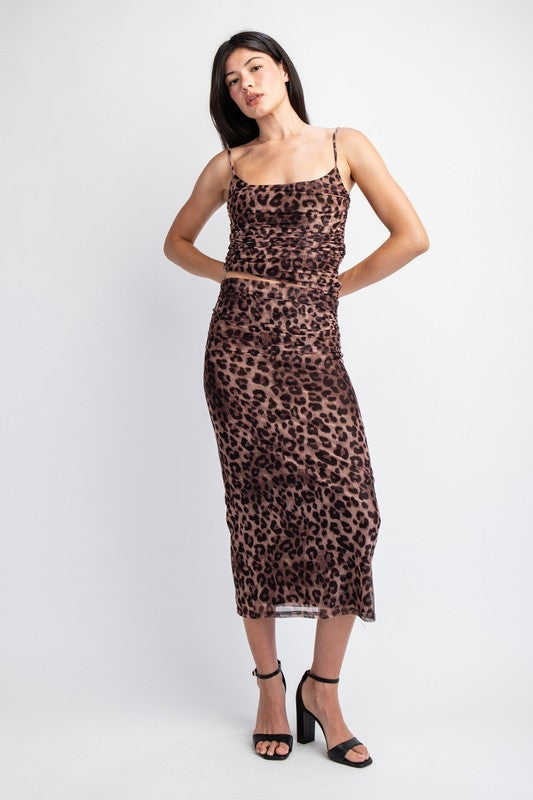 Sleeveless Mesh Leopard Print Top And Midi Skirt Set Brown