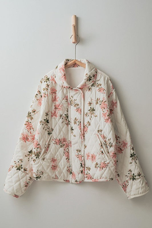  Long Sleeve Floral Print Quilted Shacket Ivory