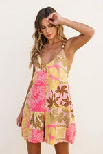  Sleevless Back Tie Tropical Patch Print Romper Pink