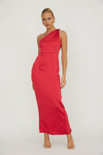 Sleeveless One Shoulder Satin Maxi Dress Red