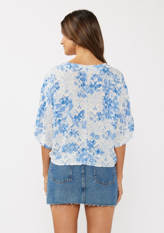 Short Sleeve Button Down Floral Print Top Blue