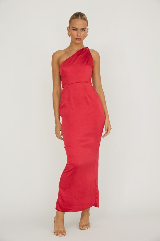 Sleeveless One Shoulder Satin Maxi Dress Red