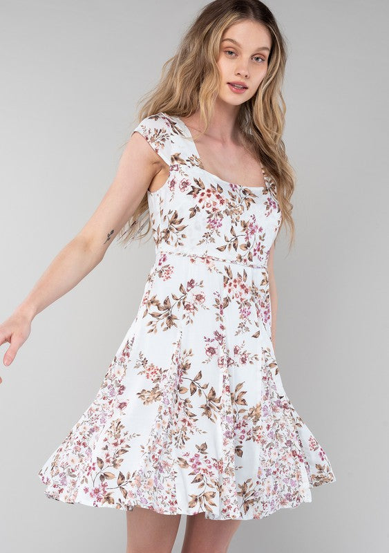 Short Sleeve Floral Print Mini Dress White