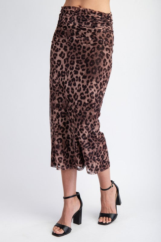 Sleeveless Mesh Leopard Print Top And Midi Skirt Set Brown