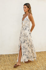 Sleeveless Back Tie Palm Print Linen Maxi Dress White