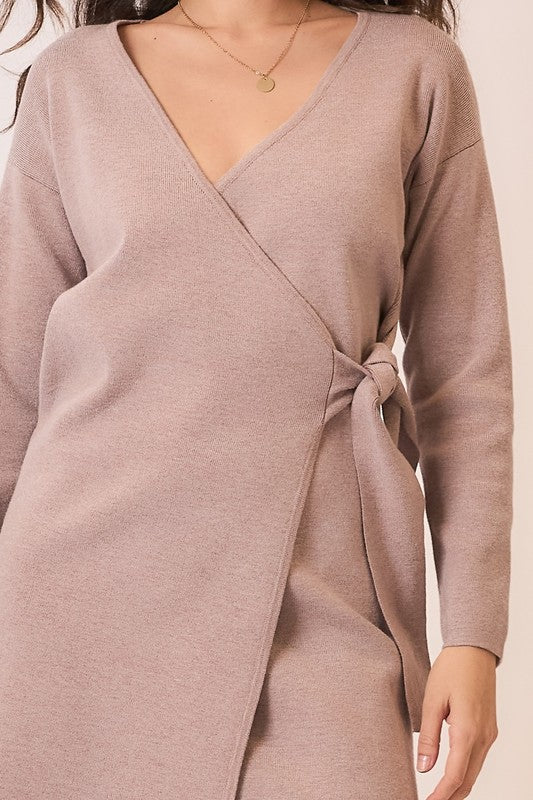 Long Sleeve Wrap Knit Sweater Mini Dress Taupe