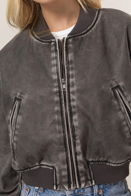 Long Sleeve Vegan Leather Bomber Jacket Black