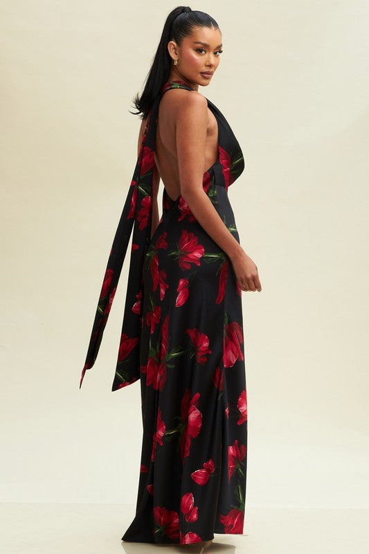 Open Back Halter Tie Floral Print Maxi Dress Black