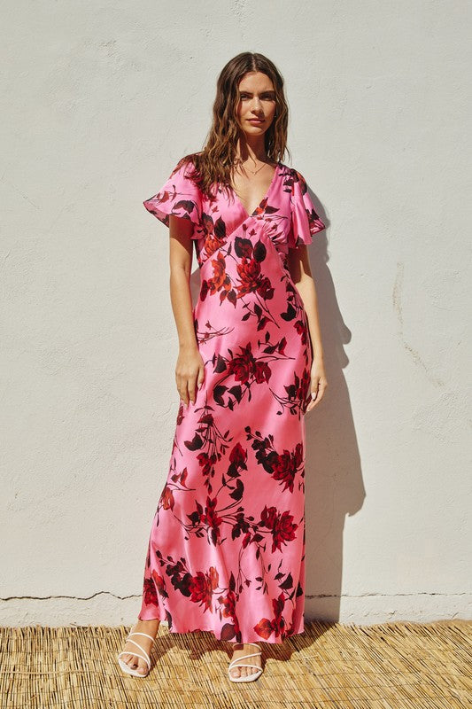 Short Flutter Sleeve Floral Print Maxi Dress Pink