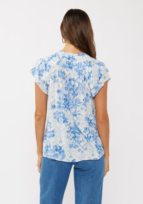 Waitlist 2/10 ♥ Doreen Short Ruffle Sleeve Floral Print Top Blue