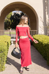 Off The Shoulder Lace Trim Mesh Top And Maxi Skirt Set Red