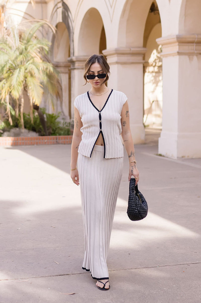 Short Sleeve Button Down Ribbed Contrast Top And Maxi Skirt Black