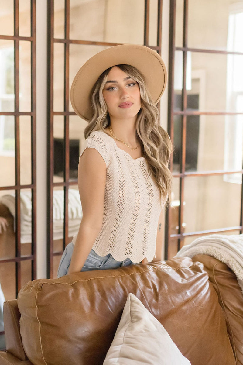 Short Sleeve Crochet Scalloped Top Ivory