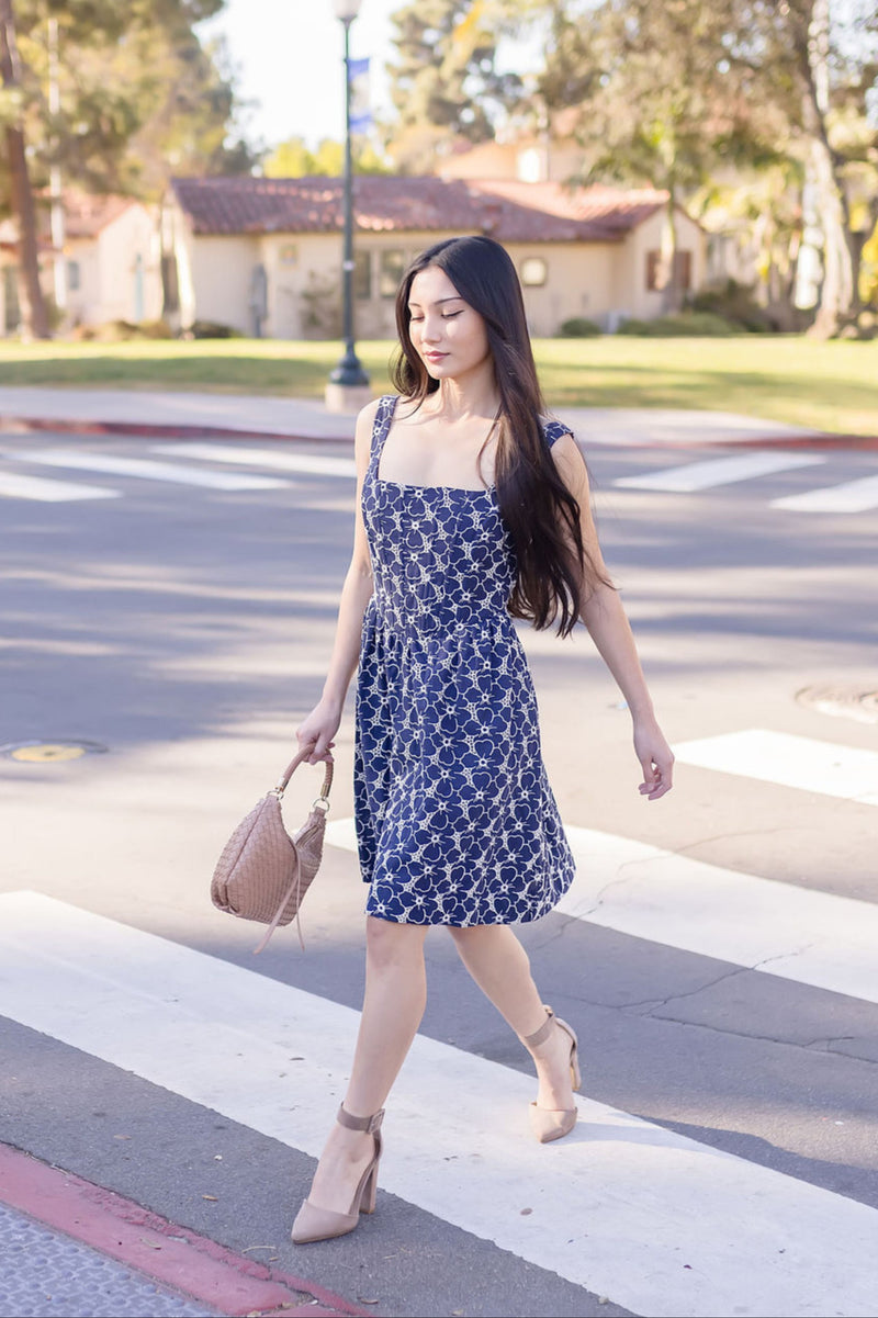 Sleeveless Eyelet Floral Print Denim Mini Dress Dark Wash