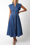 Waitlist 2/5 ♥ Torrance Short Sleeve Button Down Denim Midi Dress Dark Wash