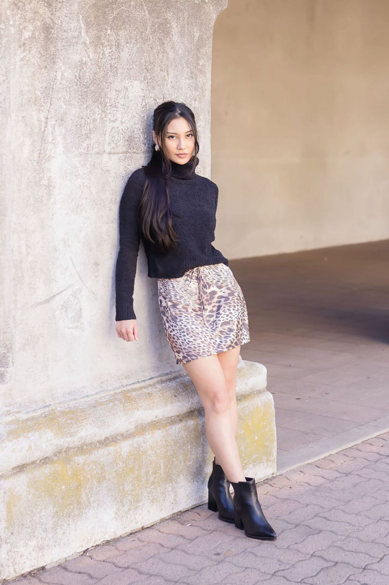 Drawstring Satin Leopard Print Mini Skirt Brown