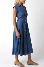 Waitlist 2/5 ♥ Torrance Short Sleeve Button Down Denim Midi Dress Dark Wash