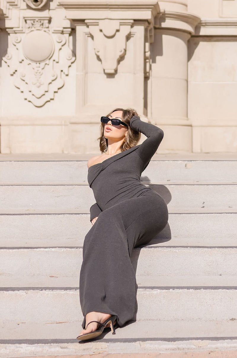 Off The Shoulder Long Sleeve Ribbed Maxi Dress Charcoal