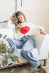 Long Sleeve Crew Neck Heart Print Sweater White