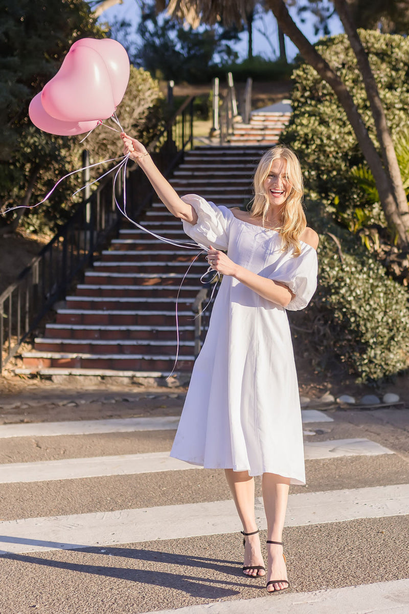 Off The Shoulder Puff Sleeve Linen Midi Dress White